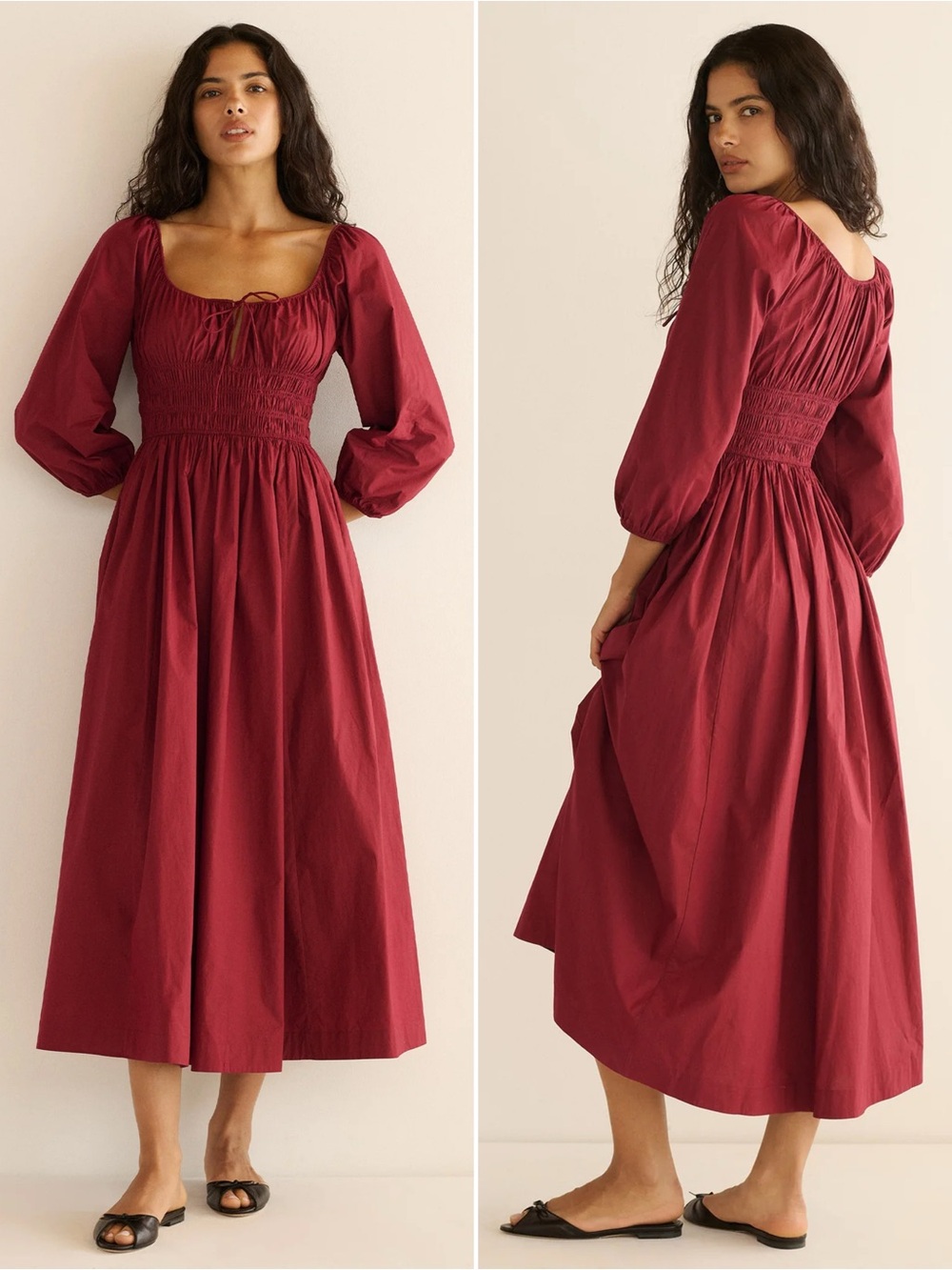 Doen Quintessa Organic Cotton Smocked Midi Dress Red Size L NWT